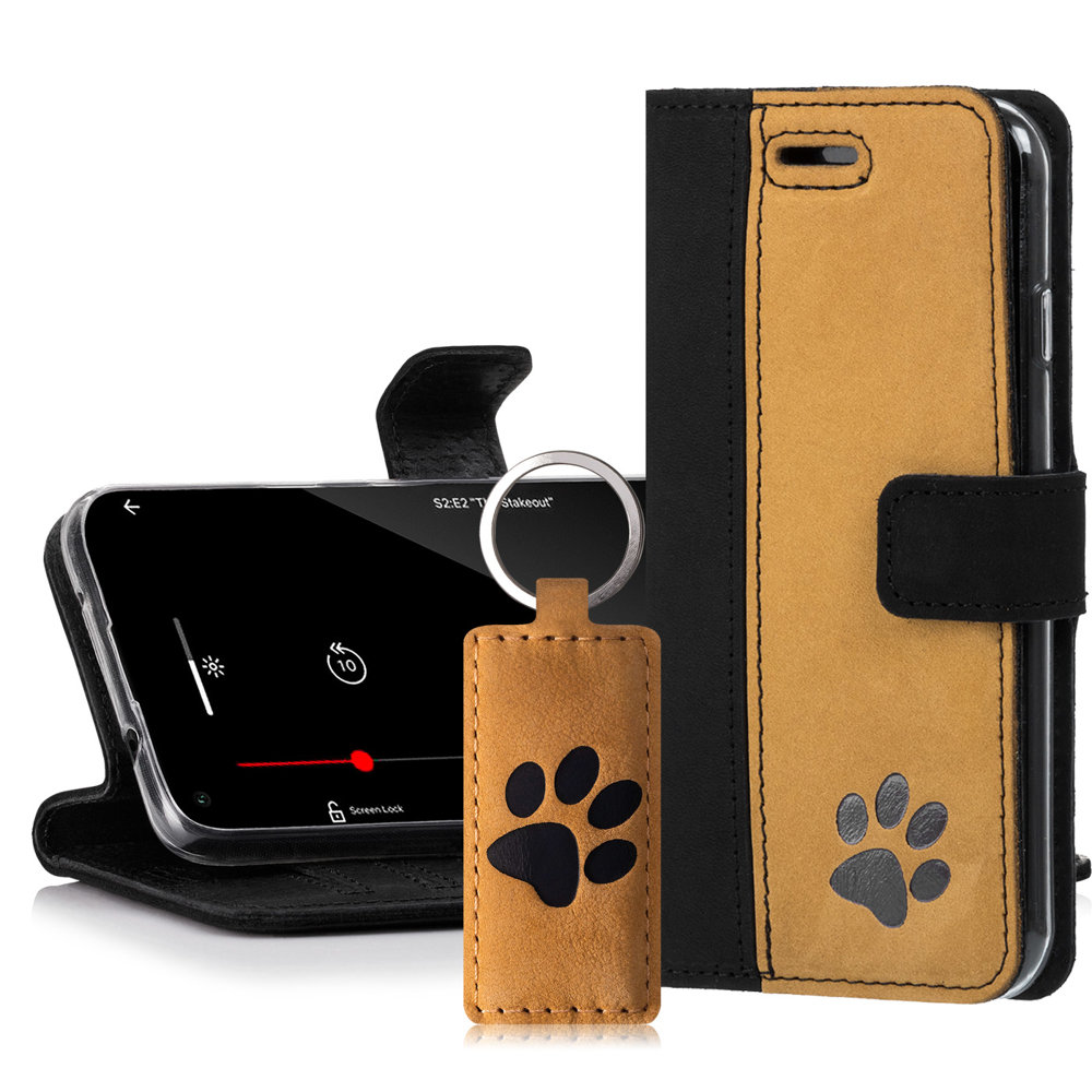 Wallet case Duo - Nubuck Black and Camel - Paw - Transparent TPU