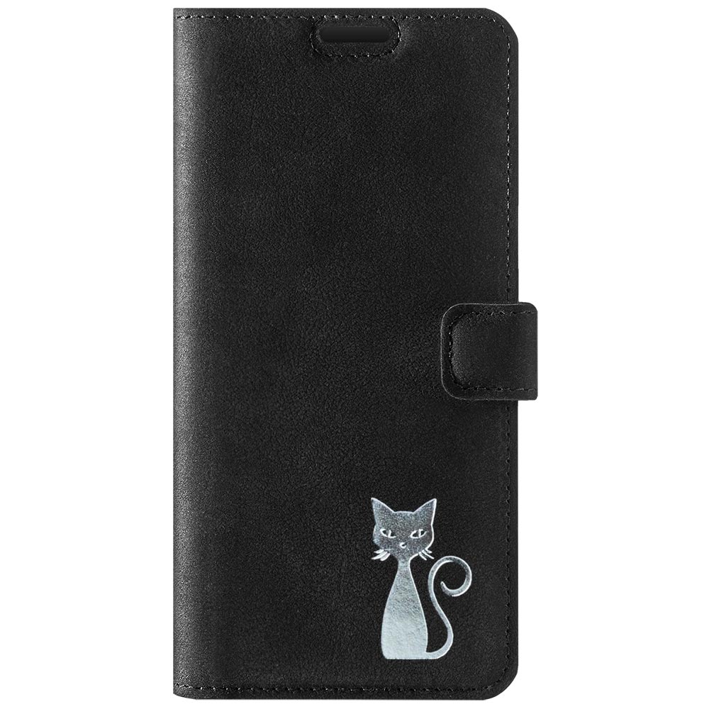 Wallet case - Nubuck Black - Silver Cat - Transparent TPU